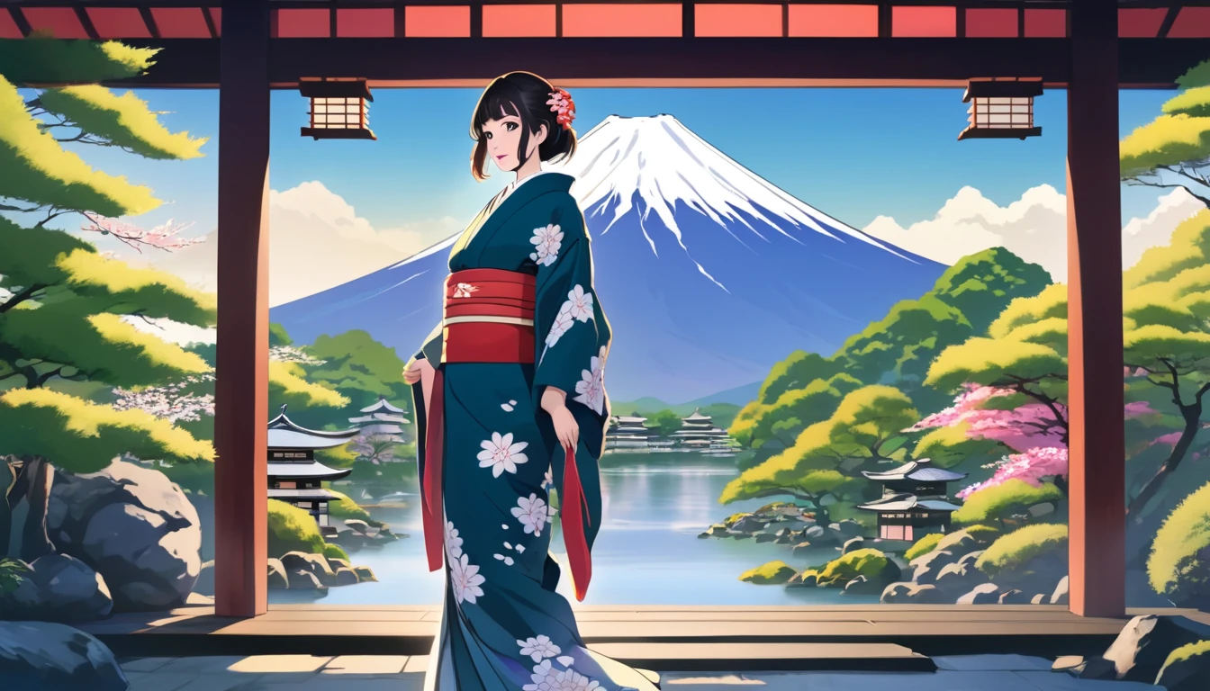 Woman in kimono,The background is a Japanese garden and Mt. Fuji、Japanese anime style