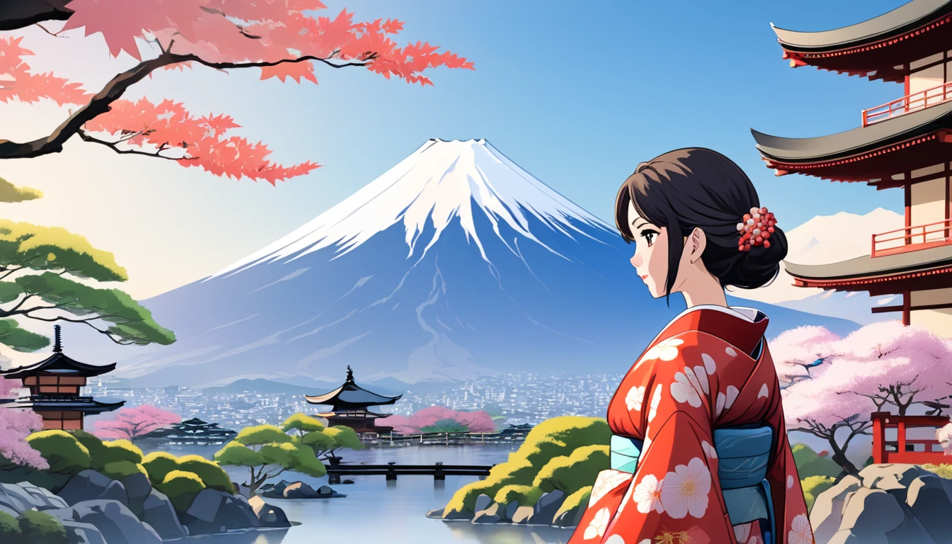 Woman in kimono,The background is a Japanese garden and Mt. Fuji、Japanese anime style
