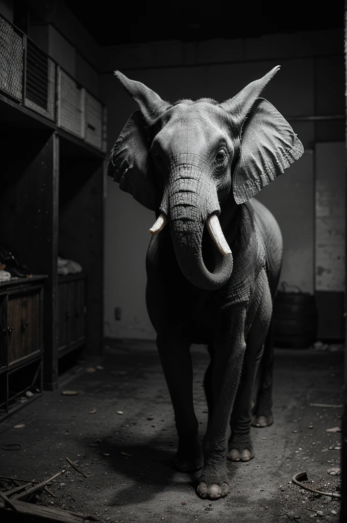 A captivating fine art photograph in black and white, with striking splashes of red, green, and black. The focal point is an antique, colorful fish with elephant legs, dressed in a shimmering outfit and adorned with intricate fur arm and dust legs. The fish sits majestically atop the head of a dog, evoking a post-apocalyptic ambiance. The minimal, moody background enhances the surreal and otherworldly atmosphere, transporting the viewer to a fantastical realm.