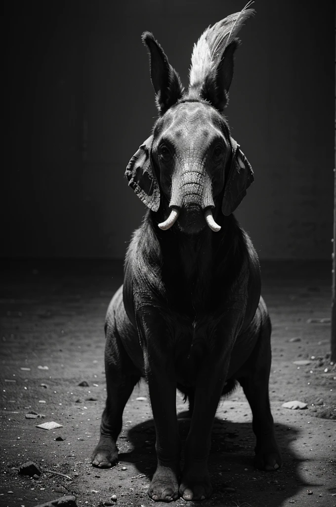 A captivating fine art photograph in black and white, with striking splashes of red, green, and black. The focal point is an antique, colorful fish with elephant legs, dressed in a shimmering outfit and adorned with intricate fur arm and dust legs. The fish sits majestically atop the head of a dog, evoking a post-apocalyptic ambiance. The minimal, moody background enhances the surreal and otherworldly atmosphere, transporting the viewer to a fantastical realm.
