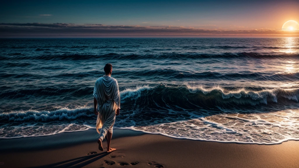 a man walking on the beach, glowing golden sun and moon, ethereal cosmic atmosphere, spiritual dimension, surreal cinematic lighting, dramatic color palette, highly detailed, photorealistic, 8k, (best quality, 4k, 8k, highres, masterpiece:1.2), ultra-detailed, (realistic, photorealistic, photo-realistic:1.37), dramatic lighting, vibrant colors, awe-inspiring landscape, glowing celestial bodies, tranquil ocean, mystical atmosphere, dreamlike ambiance, serene and meditative