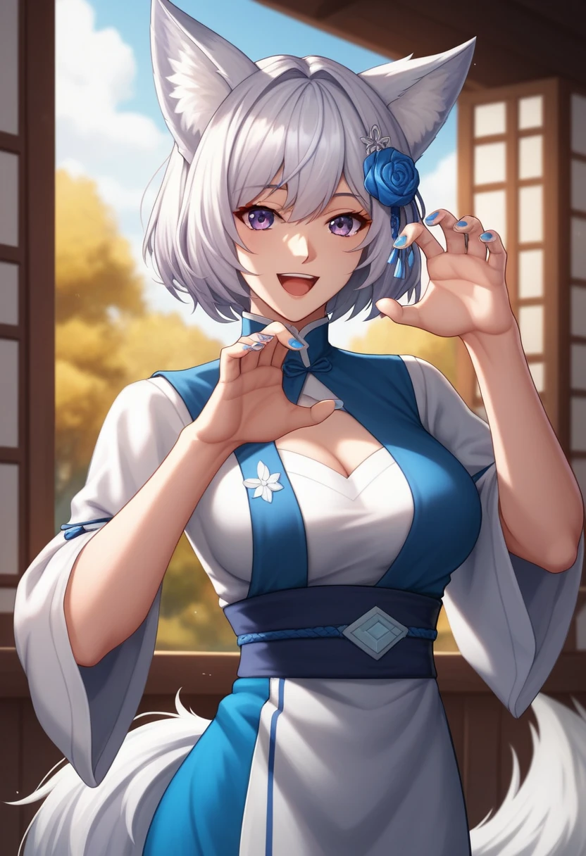 1girl、(((best quality)), ((masterpiece)), (details), masterpiece, best quality, high quality, ulutra detailed, perfect face, ((1girl, blue eyes, cat ears: 1.3 silver bob hair: 2.5,)) and ((Big white wolf sitting on my lap:2.1)) 、Shiny Hair、Glowing Skin、blush、Lustful look、Small breasts,Sidetiletto heels、China dress、Alluring expression,Chinese gorgeous outdoor background、