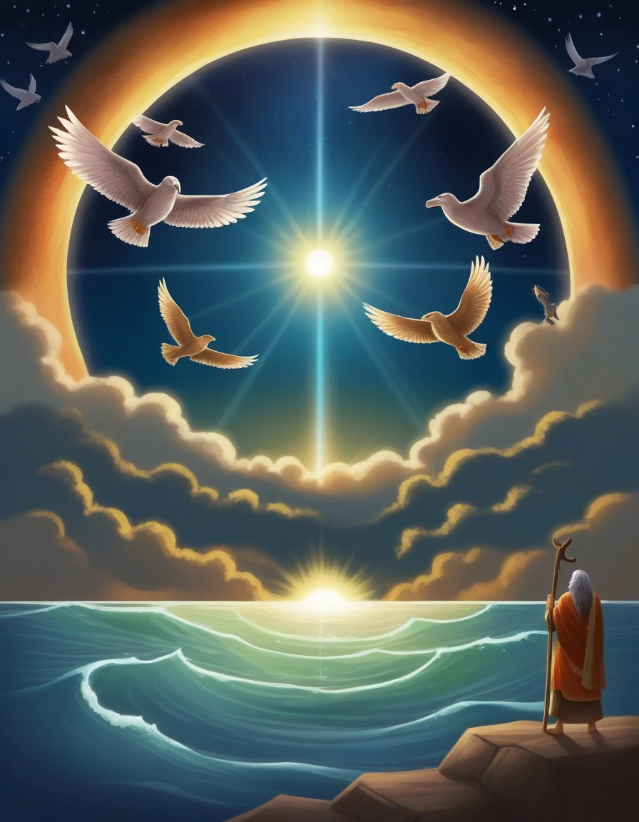 The Curse of the Earth and the Order to Build the Ark The world is chaotic, full of violence and corruption. Humanity has lost its way, and evil is everywhere. Noah, a just and upright man, receives a divine visit. GOD, with a deep voice full of authority, comunica a Noah Sua decisão de destruir a terra com um dilúvio. Noah, with a look of determination, accept the mission to build a gigantic ark, made of cypress wood, bitumen coated.

A Construção da Arca
Noah e seus filhos trabalham arduamente, Day after day, under the scorching sun and the occasional rain. Hammering sounds as the ark&#39;s structure takes shape. The neighbors, skeptics and mockers, watch from afar, laughing and murmuring among themselves. Noah ignora as críticas e continua sua obra com fé inabalável.

O Chamado dos Animais
Noah e sua família observam com espanto e admiração a chegada dos animais. from all directions, couples of large and small creatures march towards the ark. elephants, lions, vibrantly colored birds, everyone heads towards the large wooden structure. Os filhos de Noah os guiam para dentro da arca, ensuring that each species finds its designated place.

The Flood Begins The sky darkens, thunderstorms echo and torrential rain begins to fall. People in the city panic, running for shelter. Noah e sua família entram na arca, and the huge doors are closed with a bang. The waters rise quickly, swallowing the earth, uprooting trees and dragging buildings. The ark shakes violently, but remains floating while the flood covers the entire surface of the earth.

Waiting Inside the Ark, The atmosphere is tense. Noah e sua família cuidam dos animais, maintaining order and calm. The constant sound of rain and roaring waters are accompanied by silent prayers and hopeful conversations. After forty days and forty nights, the rain finally stops, but the waters still prevail.

