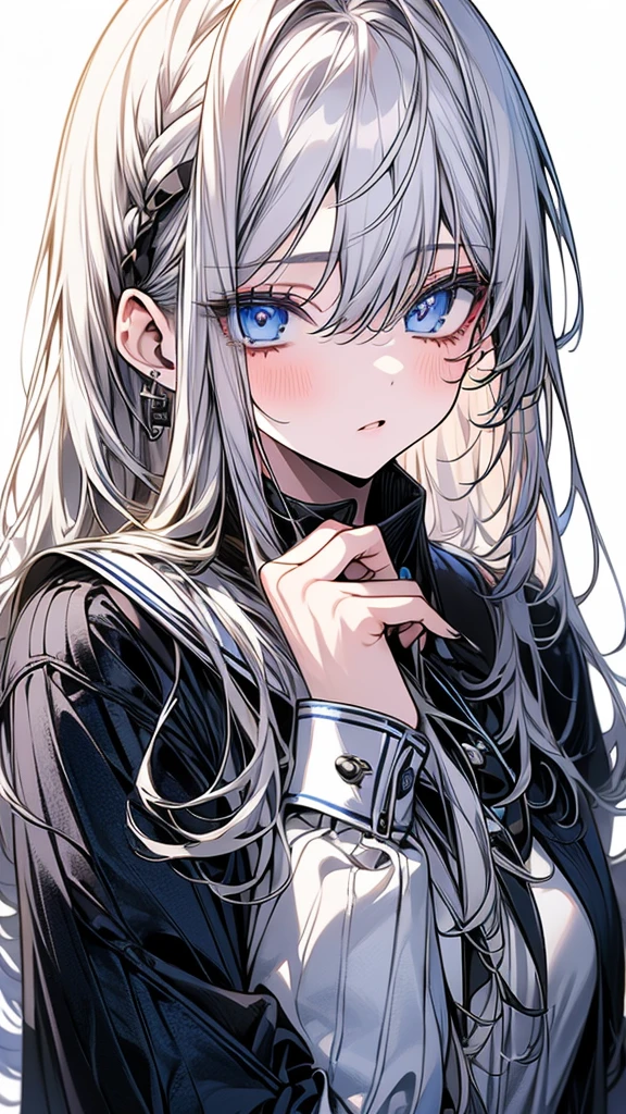 (Top resolution、Distinct_image)top-quality、(A girl) 、masterpiece、highly detailed, half body, Semi-realistic、 ( blue eyes ) 、18year old,
( white hair ) ,young , (black inside), Facial features ,variation potrait, long hair , age, cool , cold sharp eyes, , {Very detailed 8k CG unit wallpaper}, students, (white oversized shirt ) ,music club background, cute