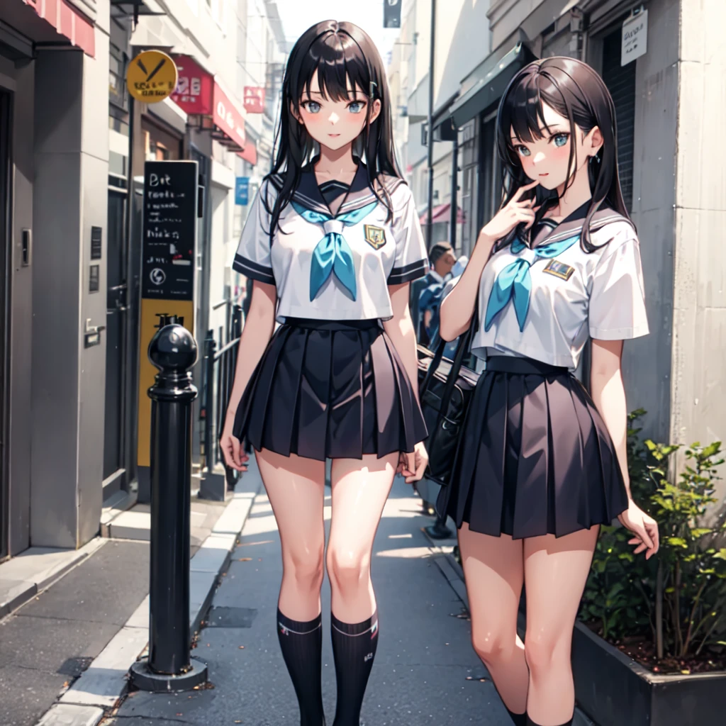 17 years old tall High school girls Light blue school uniform One person Black Hair Men's Blue shorts