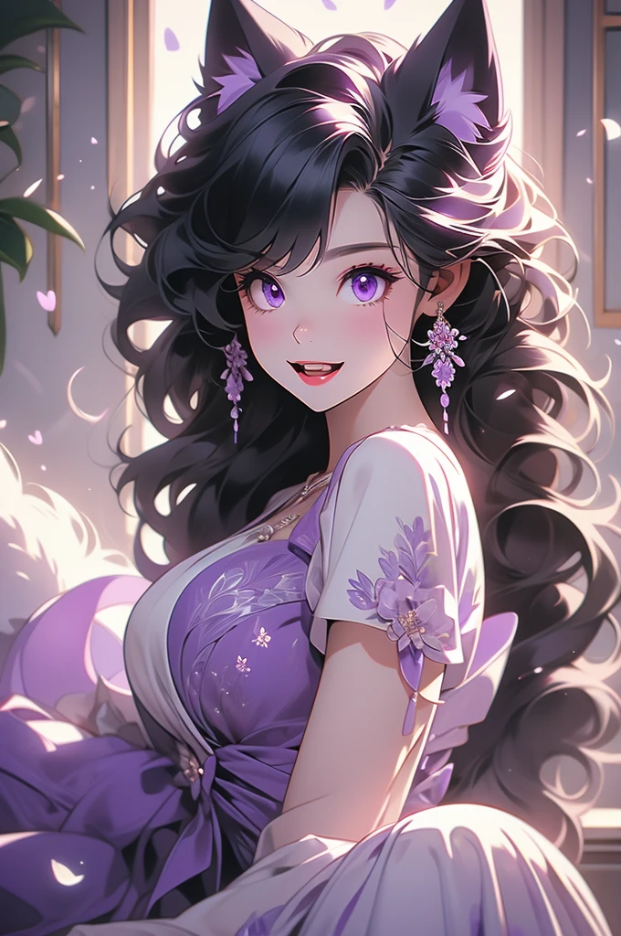 wolf ears, wolf tail, black hair, purple eyes, voluptuous, floral dress, preparing to pounce, teeth, fangs