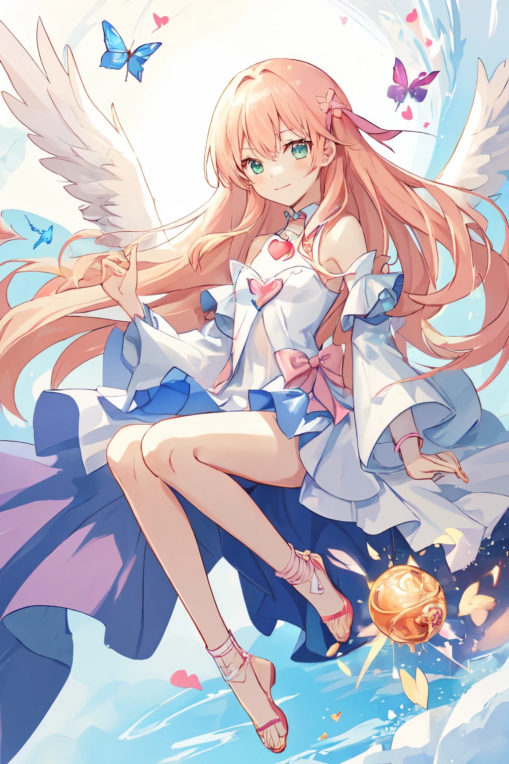 1_girl, (anime, kawai:2), (masterpeice, best_quality, clean:1.5), (sky_background:1.2), (cute, cute_smile, wholesome, young:1.8), (delicate, extremely_delicate, beautiful, thin:1.5), (girlfriend, angel:1.8), (green_eyes, simple_eyes:1.8) (long_hair, blond_hair, wearing_pink_dress, pink_angel_wings:1.5), (combat:1.2), extremely_delicate, (love_magic:1.5), (age_size_fits_body), (small_thighs:1.3), (breasts), (eye_level:1.3), (heart_magic, love:1.5), (folded_legs:1.5)