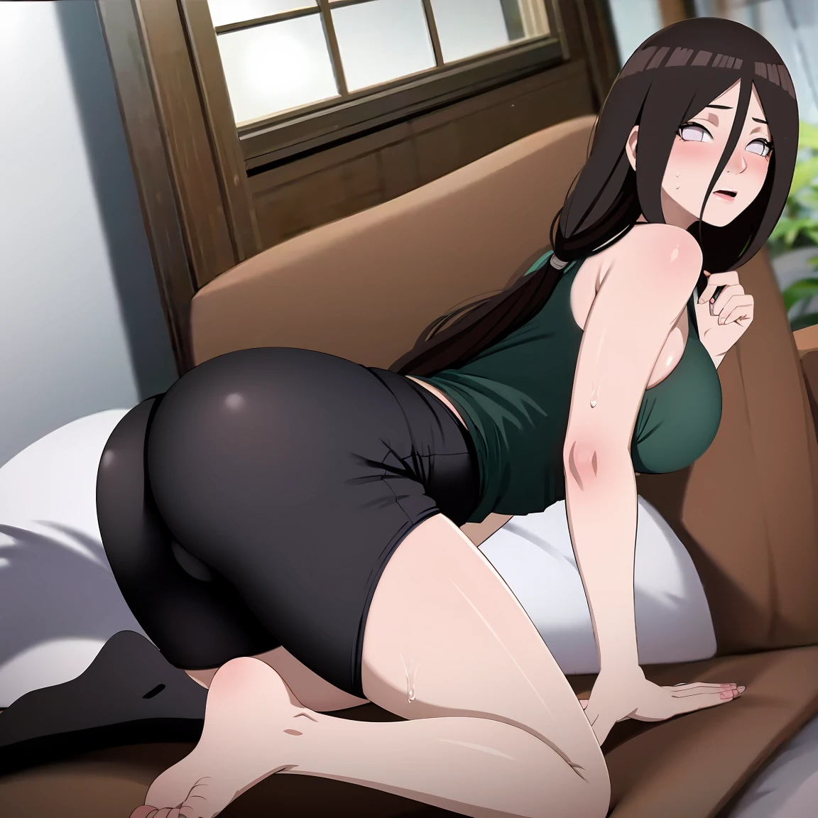 masterpiece, Very detailed, best quality, Ultra-high resolution, 1 Girl, Solitary, （Snow outside the window，hotel，Sweating，blush），(中等breast), breast, (Hana and Hinata:1), (Yoga Clothes，Kneeling), cleveage, From the front，sit，On the sofa，black eyes，White eyes，（（Lying in bed，））