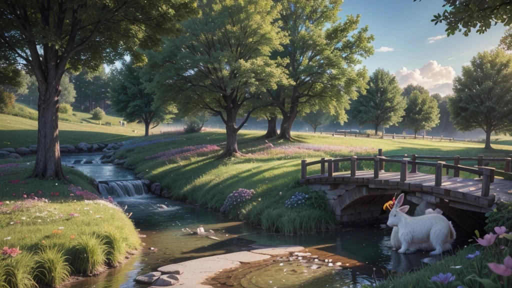 Create a realistic 3D wallpaper for a children's YouTube channel. The scene should feature a bright, sunny sky with fluffy white clouds and a rainbow. In the foreground, there should be rolling green hills with wildflowers, a crystal-clear stream, and a charming wooden bridge. Include friendly animals such as rabbits, squirrels, and birds, as well as playful fantasy characters like a cute dragon and a friendly unicorn. The trees should have colorful leaves and some should bear fruit. The lighting should be warm and inviting, with soft sunlight casting gentle shadows. The textures should be detailed but retain a slightly cartoonish charm suitable for children.