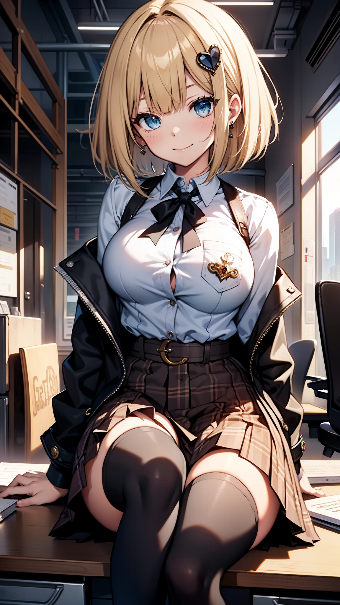 1girl, bangs, black thighhighs, blonde hair, blue eyes, blush, bob cut, breasts, brown skirt, collared shirt, desk, english text, hair ornament, heart, high-waist skirt, indoors, large breasts, long sleeves, looking at viewer, medium hair, monocle hair ornament, naughty face, on desk, plaid, plaid skirt, pocket watch, shirt, shirt tucked in, sitting, sitting on desk, skindentation, skirt, smile, smug, solo, thighhighs, thighs, virtual youtuber, watch, watson amelia, white shirt, zettai ryouiki