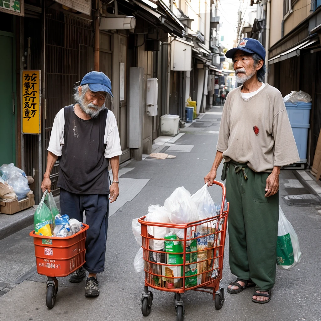 A Japanese homeless man in his 60s、Collecting recyclables from a trash bin in a busy back alley in Tokyo。He was wearing worn and dirty Japanese-style clothing.、A large cloth bag on his shoulder、Pushing a rusty shopping cart。The cart is full of cans and plastic bottles.。The man&#39;s face is marked with weathered wrinkles.、Have a tired look。Vending machines in the background、Neon Signs、Densely packed buildings are visible。at dusk、As the natural light fades、There is artificial light mixed in from nearby shops.。