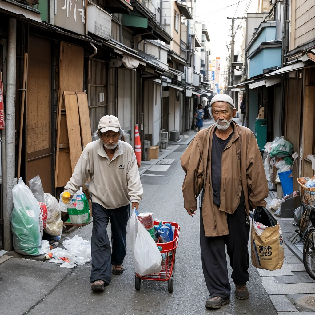 A Japanese homeless man in his 60s、Collecting recyclables from a trash bin in a busy back alley in Tokyo。He was wearing worn and dirty Japanese-style clothing.、A large cloth bag on his shoulder、Pushing a rusty shopping cart。The cart is full of cans and plastic bottles.。The man's face is marked with weathered wrinkles.、Have a tired look。Vending machines in the background、Neon Signs、Densely packed buildings are visible。at dusk、As the natural light fades、There is artificial light mixed in from nearby shops.。