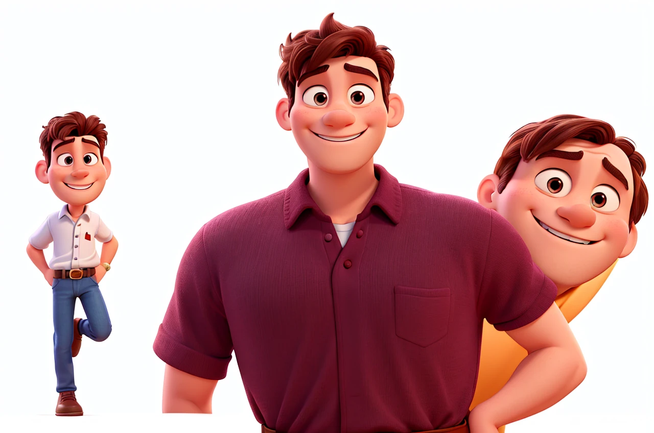 Disney Pixar cartoon style man, with white studio background, super detailed, in high quality, smiling, winning feeling, He wears burgundy shirt, ultra HD