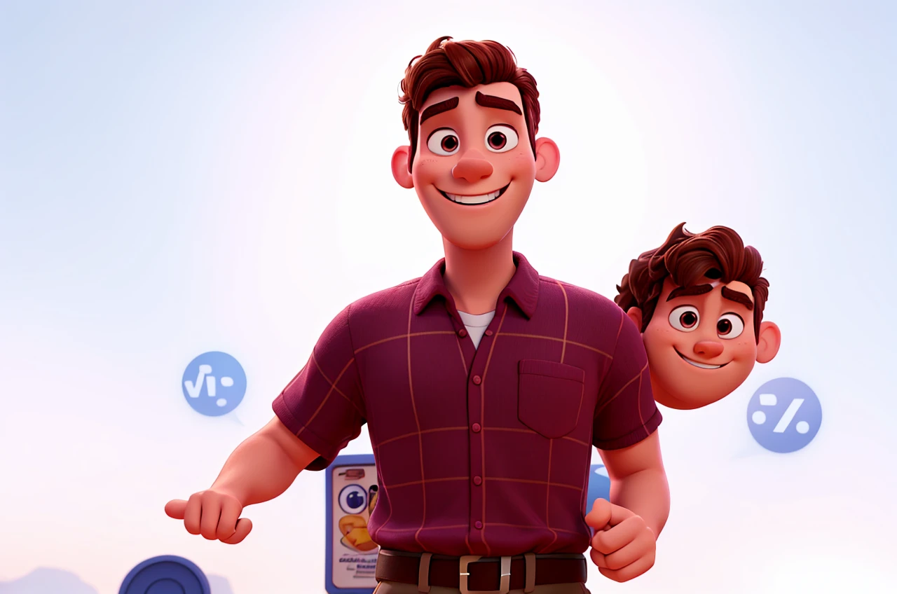 Disney Pixar cartoon style man, with white studio background, super detailed, in high quality, smiling, winning feeling, He wears burgundy shirt, ultra HD