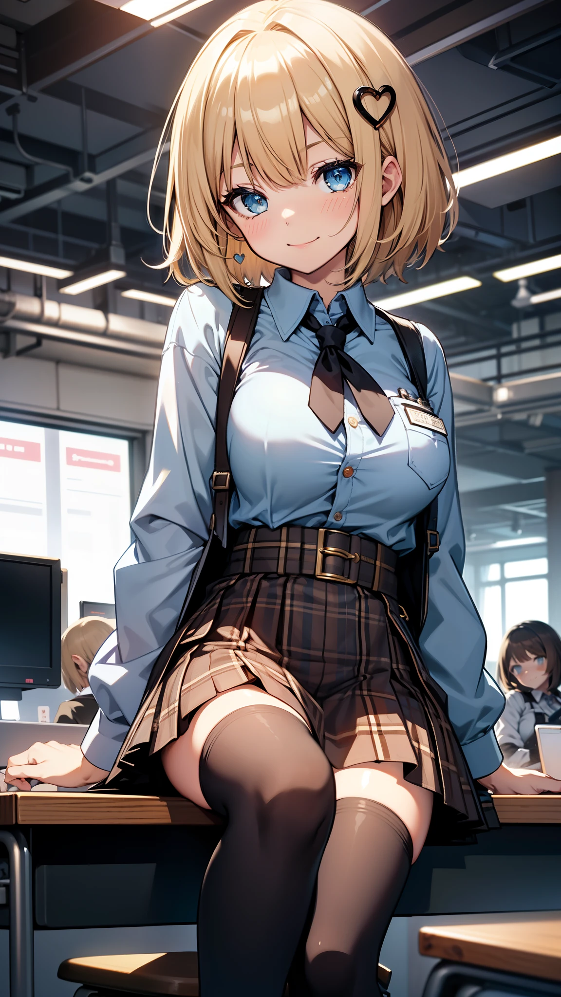 1girl, bangs, black thighhighs, blonde hair, blue eyes, blush, bob cut, breasts, brown skirt, collared shirt, desk, english text, hair ornament, heart, high-waist skirt, indoors, large breasts, long sleeves, looking at viewer, medium hair, monocle hair ornament, naughty face, on desk, plaid, plaid skirt, pocket watch, shirt, shirt tucked in, sitting, sitting on desk, skindentation, skirt, smile, smug, solo, thighhighs, thighs, virtual youtuber, watch, watson amelia, white shirt, zettai ryouiki