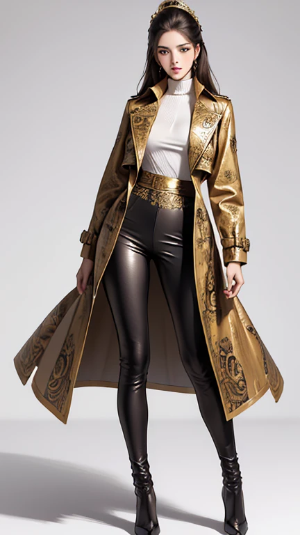 ((best quality,4k,highres,masterpiece:1.2)),((character concept art)), 1 female, age 25, Chinese Hong Kong, Hong Kong Elite, eldest sister, triad female leader, Known for her impeccable fashion sense and elegant demeanor, she is a true embodiment of the Versace brand. Her body language is as captivating as her style, always exuding confidence and high fashion. (((She's wearing an exquisite Versace Barocco-print trench coat in leather with high popped collar and Barocco-print leggings gold-tone/white/black, a true testament to the brand's luxurious aesthetic.))) Paired with Versace Medusa Tribute boots, she carries her ensemble with an air of effortless sophistication. Her accessories include a Versace Medusa Tribute Bag and a pair of Versace Tribute Sunglasses, enhancing her overall look. ((intricate detail)), super finely detailed hands, ultra finely detailed fingers(((ten fingers))), (standing still with confidently), (full body showcase), (show full body), (no logos on background), (no logo), ((plain background)), ((plain background)), (((empty background))).