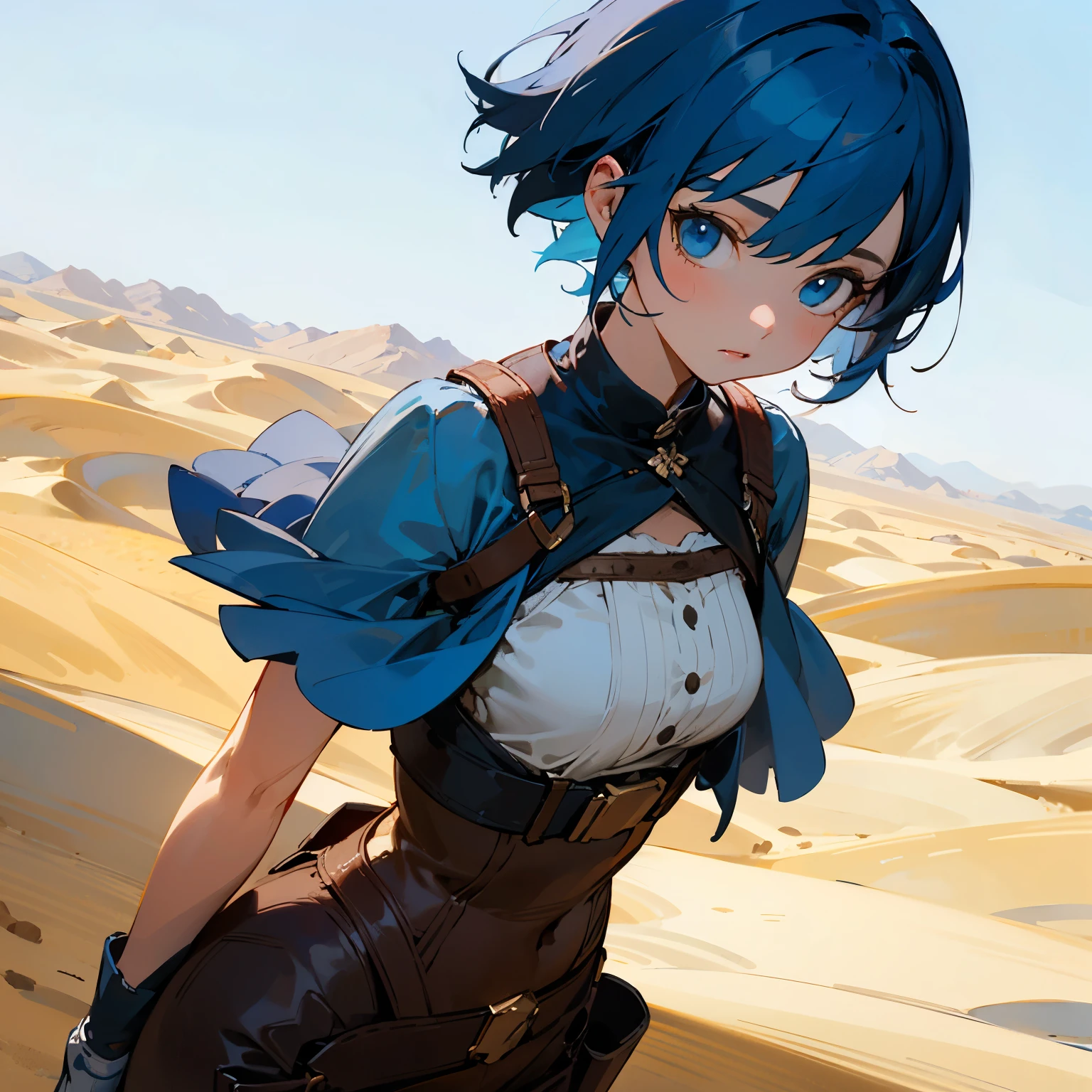 ((best quality)), ((masterpiece)), (detailed), 1girl, short blue hair, wild west clothing, desert, blue eyes