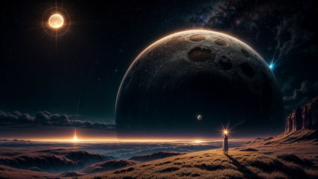 a beautiful ethereal landscape, two celestial bodies floating in a dreamlike spiritual dimension, the sun and moon in a golden cosmic sky, magical glowing energy, a serene spiritual atmosphere, highly detailed, cinematic lighting, dramatic lighting, dramatic colors, digital art, fantasy art, concept art
