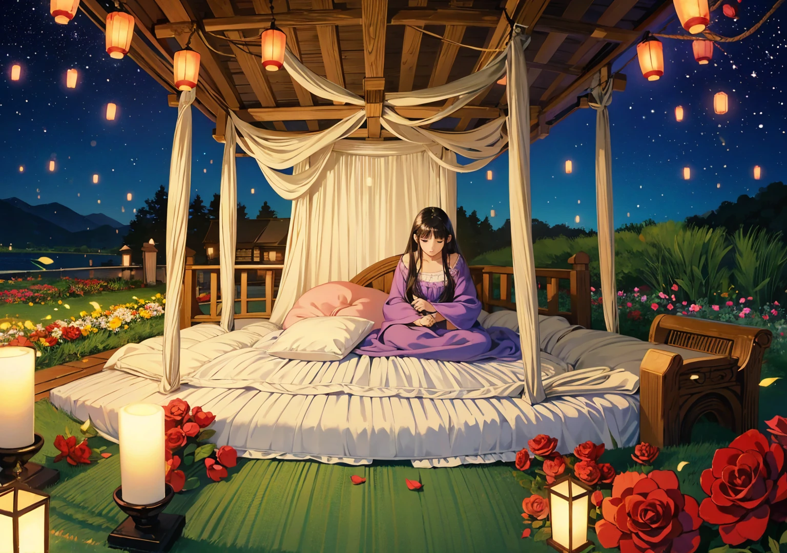 A serene and romantic beach scene at dusk, inspired by the enchanting style of Studio Ghibli. A large tree is adorned with twinkling lights and hanging lanterns, casting a warm and inviting glow. Under the tree, a cozy rocking bed with soft pillows is suspended from thick ropes, gently swaying above the sandy ground. The waves of the sea are calm, with the horizon disappearing in the soft evening light. The surrounding area is full of red roses, multicolored flowers, candles in lanterns, and fireflies, creating a magical environment. This peaceful, intimate setting is perfect for a quiet evening by the sea, capturing the essence of a romantic アニメ-inspired illustration or painting-like., painting-like, Vibrant, illustration, conceptual artwork, アニメ