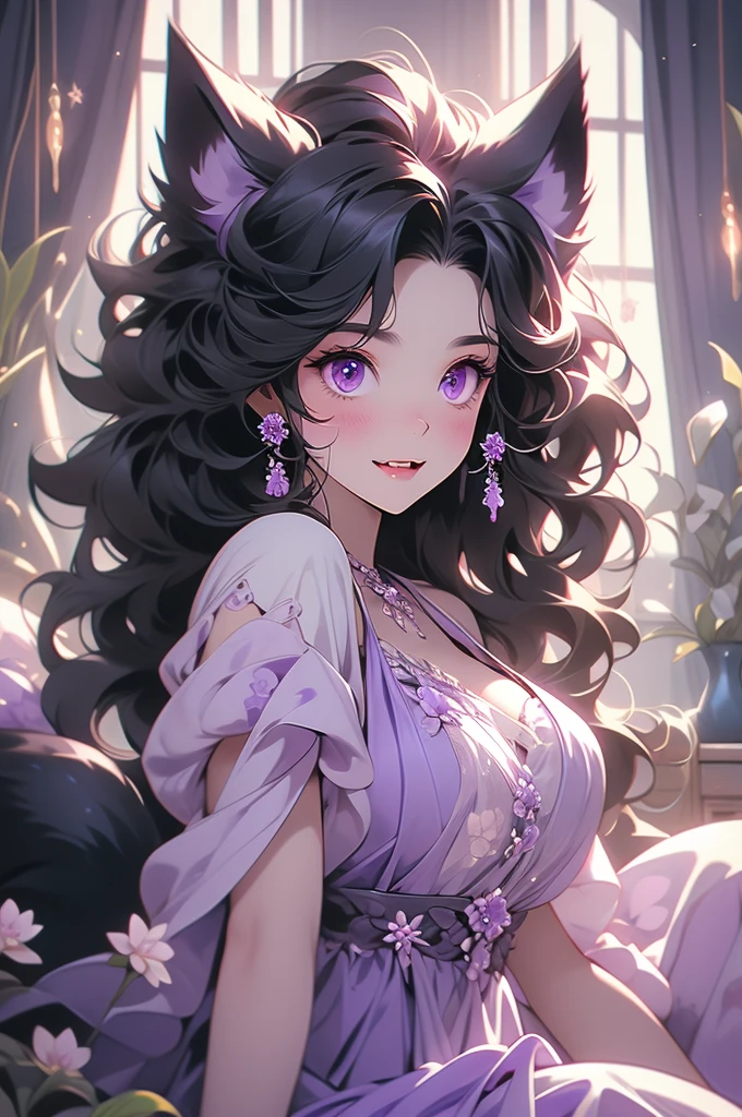 wolf ears, wolf tail, black hair, purple eyes, voluptuous, floral dress, preparing to pounce, teeth, fangs, black fur, canines