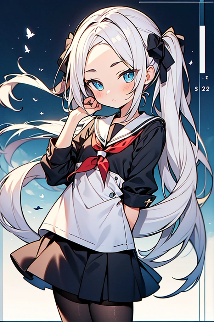 Super skillful anime style illustration,hairstyle with high-forehead,white hair,twintail hair,blue eyes,
school sailor uniform with black pantyhose,Short stature disproportionate to age,yo and 120cm,