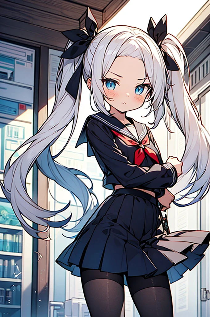 Super skillful anime style illustration,hairstyle with high-forehead,white hair,twintail hair,blue eyes,
school sailor uniform with black pantyhose,Short stature disproportionate to age, and 120cm,