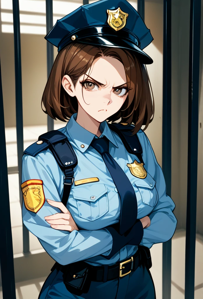 masterpiece, best quality, mature woman, mature face, bob hairstyle, brunette hair, mature face, hot face, sharp eyes, medium breasts, curvy body, hazel eyes, grey police outfit, looking at viewer, tough appearance, prison cell, jail cell, (looking serious), intimidating face, glaring eyes