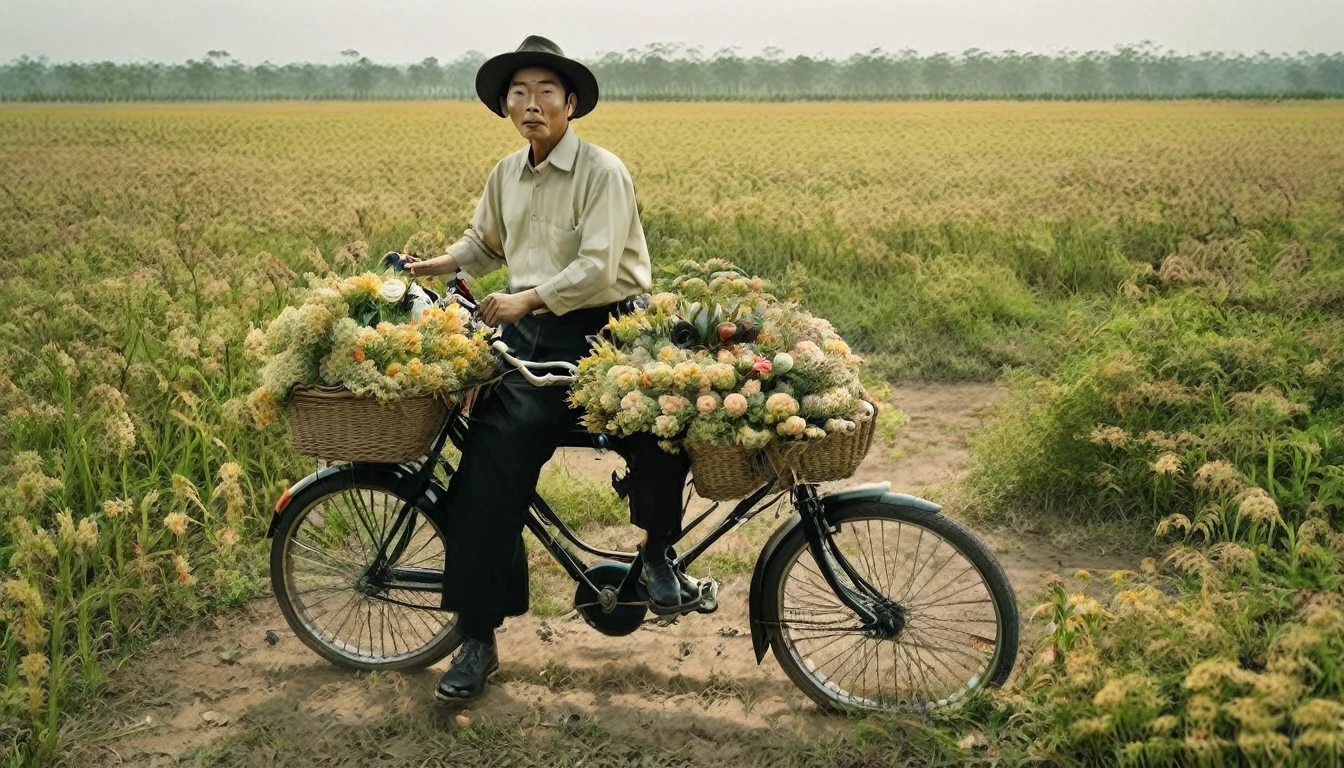 there is a man sitting on a bike with a basket of ดอกไม้s, ปกอัลบั้มโดย Tadashi Nakayama, ไม่สแปลช, แนวความคิดศิลปะ, in a field with ดอกไม้s, humanoids overgrown with ดอกไม้s, carrying ดอกไม้s, in a field of ดอกไม้s, ดอกไม้ , made of ดอกไม้s, an aesthetic field of ดอกไม้s, full of ดอกไม้s, ปกอัลบั้ม, surreal waiizi ดอกไม้s