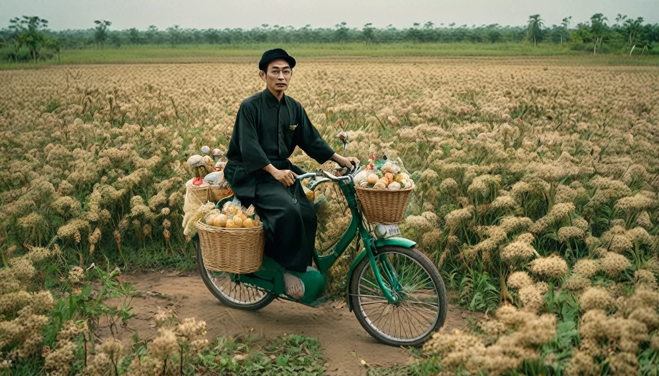 there is a man sitting on a bike with a basket of ดอกไม้s, ปกอัลบั้มโดย Tadashi Nakayama, ไม่สแปลช, แนวความคิดศิลปะ, in a field with ดอกไม้s, humanoids overgrown with ดอกไม้s, carrying ดอกไม้s, in a field of ดอกไม้s, ดอกไม้ , made of ดอกไม้s, an aesthetic field of ดอกไม้s, full of ดอกไม้s, ปกอัลบั้ม, surreal waiizi ดอกไม้s