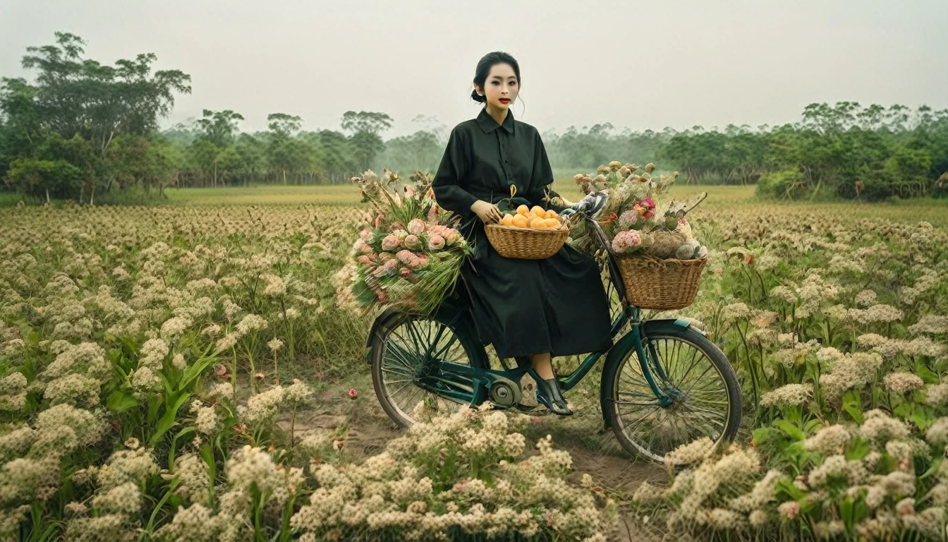 there is a man sitting on a bike with a basket of ดอกไม้s, ปกอัลบั้มโดย Tadashi Nakayama, ไม่สแปลช, แนวความคิดศิลปะ, in a field with ดอกไม้s, humanoids overgrown with ดอกไม้s, carrying ดอกไม้s, in a field of ดอกไม้s, ดอกไม้ , made of ดอกไม้s, an aesthetic field of ดอกไม้s, full of ดอกไม้s, ปกอัลบั้ม, surreal waiizi ดอกไม้s