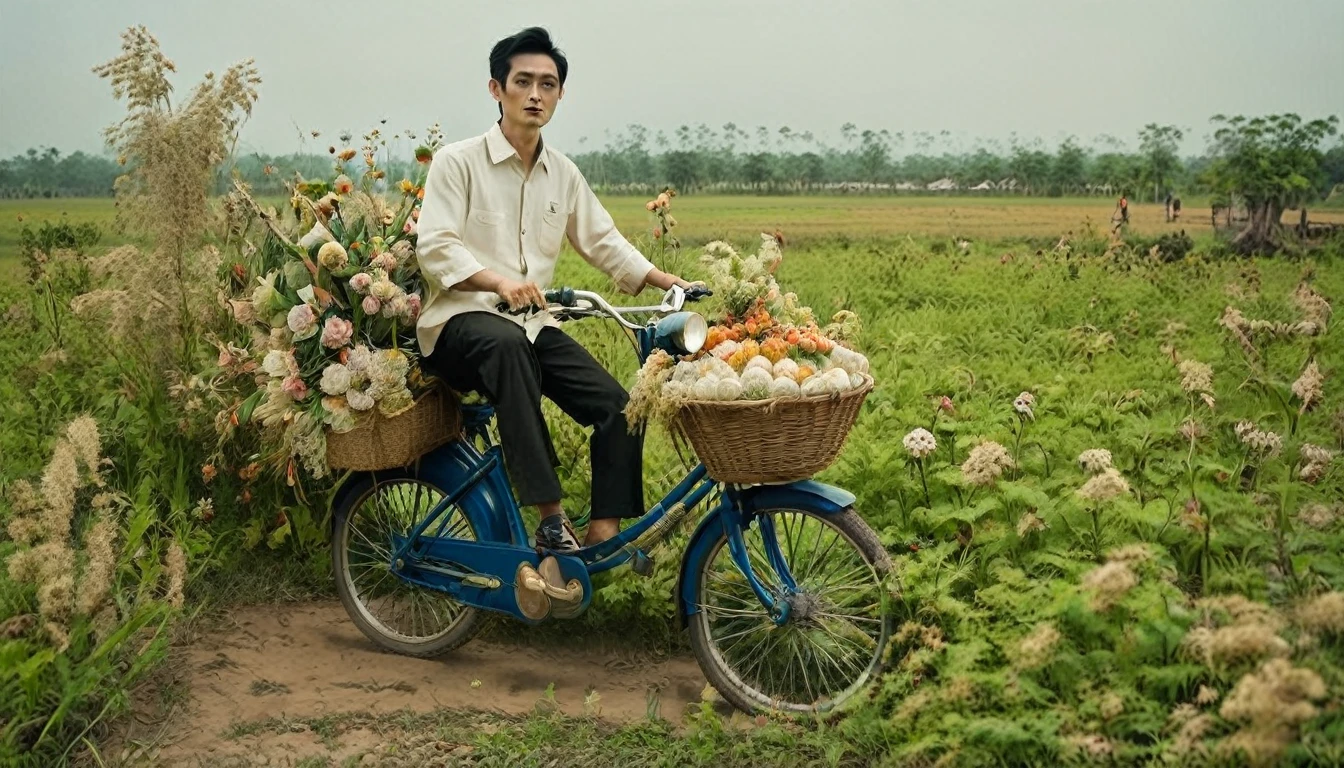 there is a man sitting on a bike with a basket of ดอกไม้s, ปกอัลบั้มโดย Tadashi Nakayama, ไม่สแปลช, แนวความคิดศิลปะ, in a field with ดอกไม้s, humanoids overgrown with ดอกไม้s, carrying ดอกไม้s, in a field of ดอกไม้s, ดอกไม้ , made of ดอกไม้s, an aesthetic field of ดอกไม้s, full of ดอกไม้s, ปกอัลบั้ม, surreal waiizi ดอกไม้s