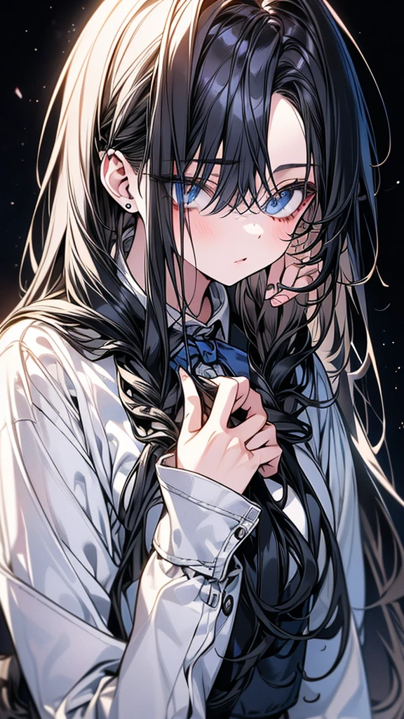 (Top resolution、Distinct_image)top-quality、(A girl) 、​masterpiece、highly detailed, half body, Semi-realistic、 ( blue eyes ) 、18year old,
 ( white hair ) ,young , ( black hair inside), Facial features ,variation potrait, long  hair  , teenage, cool , cold sharp eyes, , {Very detailed 8k CG unit wallpaper}, students, (white oversized  shirt ) ,music club background, cute