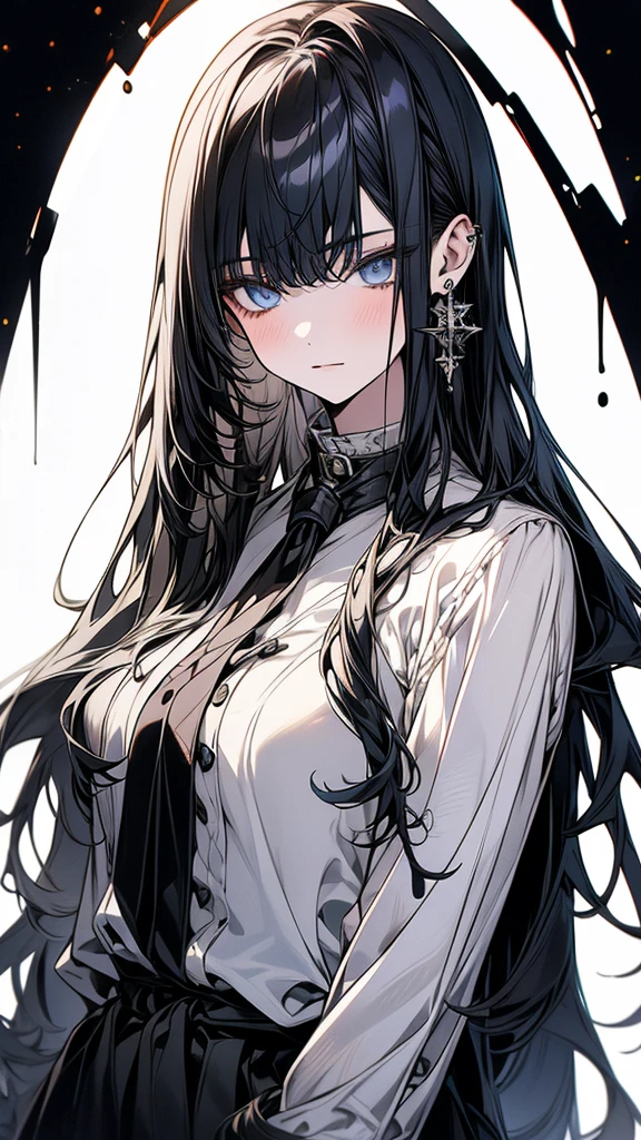 (Top resolution、Distinct_image)top-quality、(A girl) 、masterpiece、highly detailed, half body, Semi-realistic、 ( blue eyes ) 、18year old,
( white hair ) ,young , ( black hair inside), Facial features ,variation potrait, long hair , teenage, cool , cold sharp eyes, , {Very detailed 8k CG unit wallpaper}, students, (white oversized shirt ) ,music club background, cute