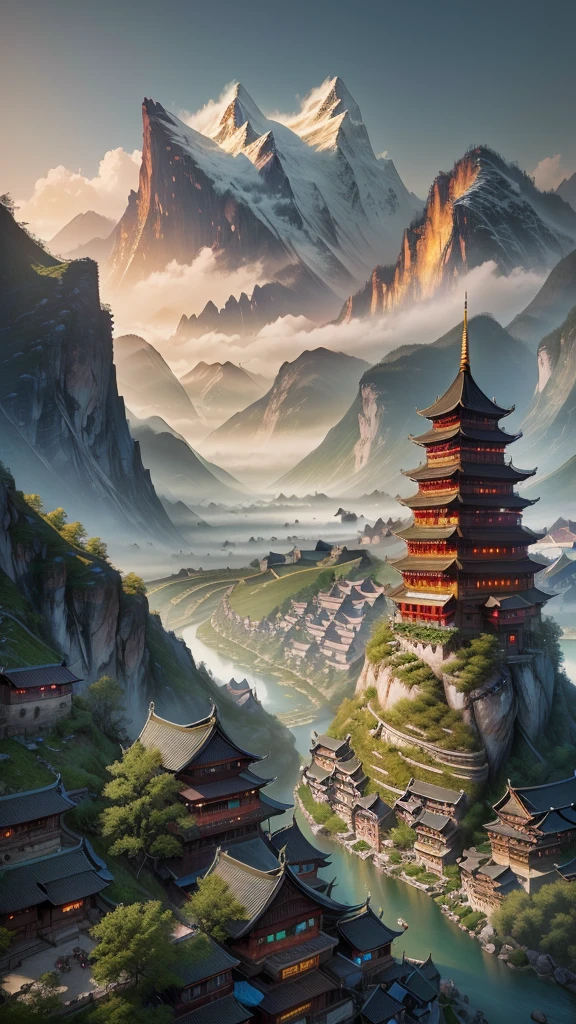 View of a mountain village with a river and mountains in the background, Dreamy city in China, Beautiful renderings of the Tang Dynasty, 8k Matte Paint, 8k matte painting, High quality matte painting, 4K Matte Paint, Cyberpunk Chinese Ancient Castle, Kelenbait, Luxurious matte painting, Matte painting 4k 8k, Exquisite matte painting, MAJOR MATTE PAINTING