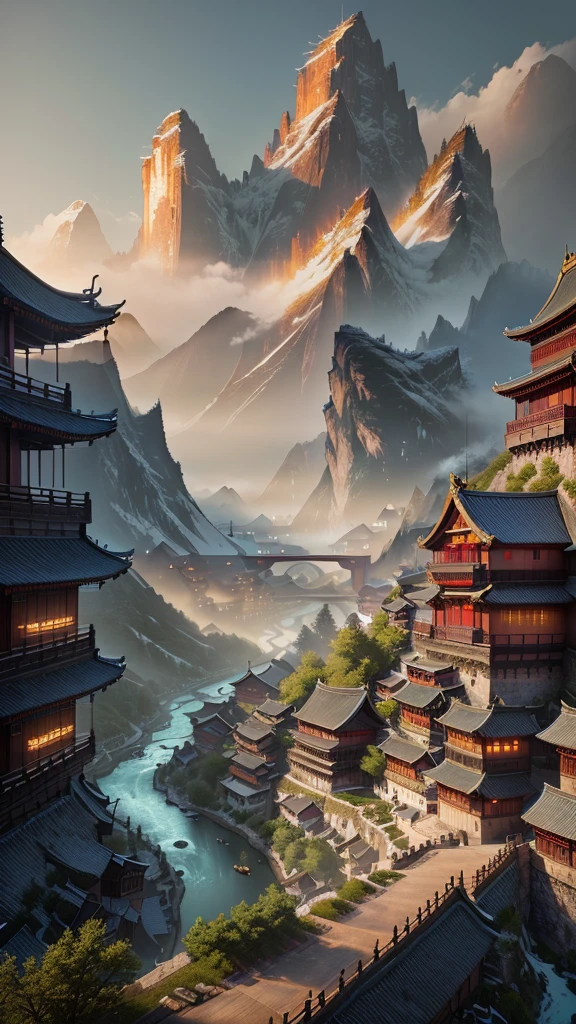 View of a mountain village with a river and mountains in the background, Dreamy city in China, Beautiful renderings of the Tang Dynasty, 8k Matte Paint, 8k matte painting, High quality matte painting, 4K Matte Paint, Cyberpunk Chinese Ancient Castle, Kelenbait, Luxurious matte painting, Matte painting 4k 8k, Exquisite matte painting, MAJOR MATTE PAINTING