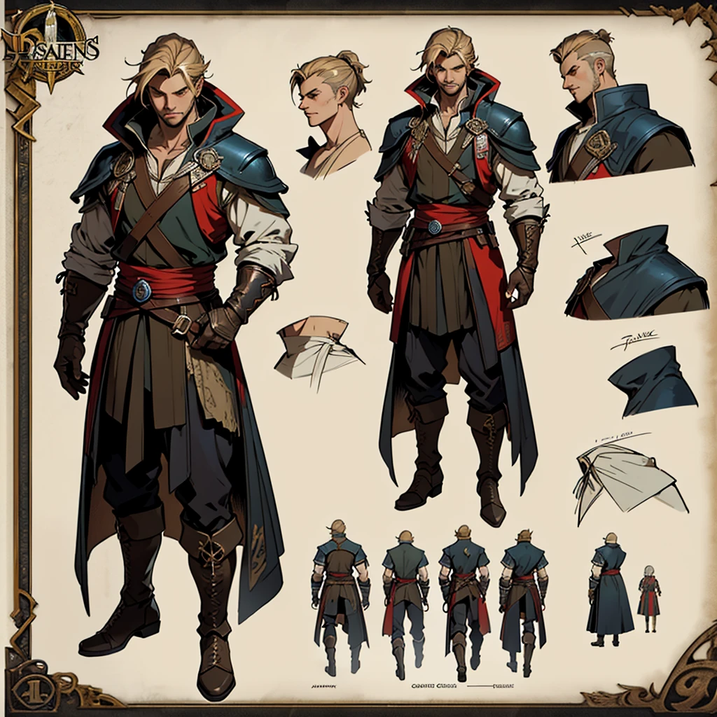 Close-up of a man in a Assasin's Creed costume, ((character concept art)), ((Character design sheet, same character, on front, from on the side, At the back)) Character image, Medieval game character design, Medieval game character design, hair color: Brown with gold parting, Age: Young, eyecolor: Brown, He wears gloves on his hands, Wears boots. During the use of certain abilities, A helmet is formed on the head of a dragon. He has a code name around his neck, expert high detail concept art, Concept art of a metal bullet, Fun character design. ConceptArt, belt buckle at the waist,Medieval style weapons,