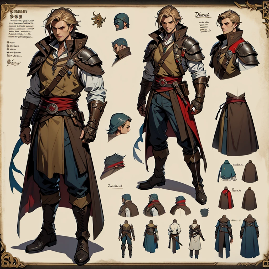 Close-up of a man in a Assasin's Creed costume, ((character concept art)), ((Character design sheet, same character, on front, from on the side, At the back)) Character image, Medieval game character design, Medieval game character design, hair color: Brown with gold parting, Age: Young, eyecolor: Brown, He wears gloves on his hands, Wears  boots. During the use of certain abilities, A helmet is formed on the head of a dragon. He has a code name around his neck, expert high detail concept art, Concept art of a metal bullet, Fun character design. ConceptArt, belt buckle at the waist,Medieval style weapons,