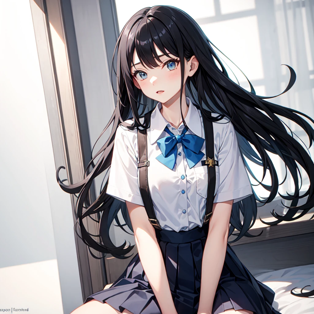 tall High school girls Light blue school uniform One person Black Hair Men's Blue shorts