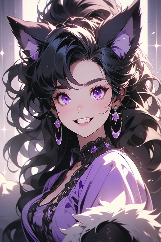 wolf ears, wolf tail, black hair, purple eyes, voluptuous, short black dress, preparing to pounce, teeth, fangs, black fur, canines
