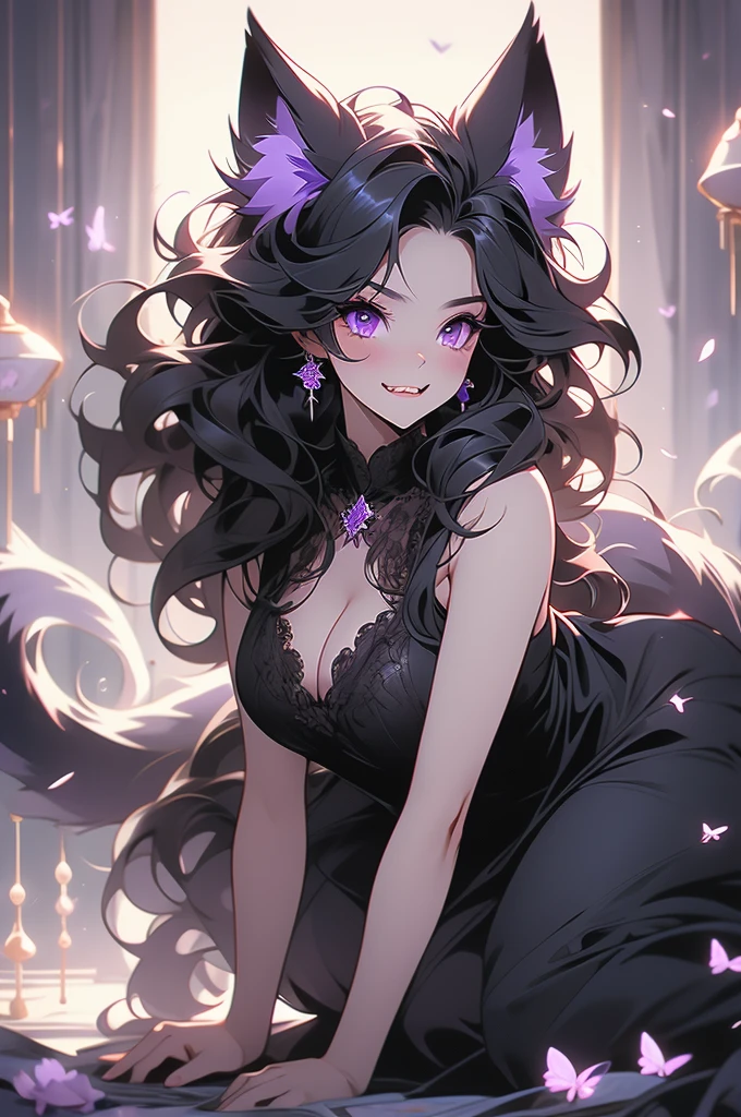 wolf ears, wolf tail, black hair, purple eyes, voluptuous, short black dress, preparing to pounce, teeth, fangs, black fur, canines