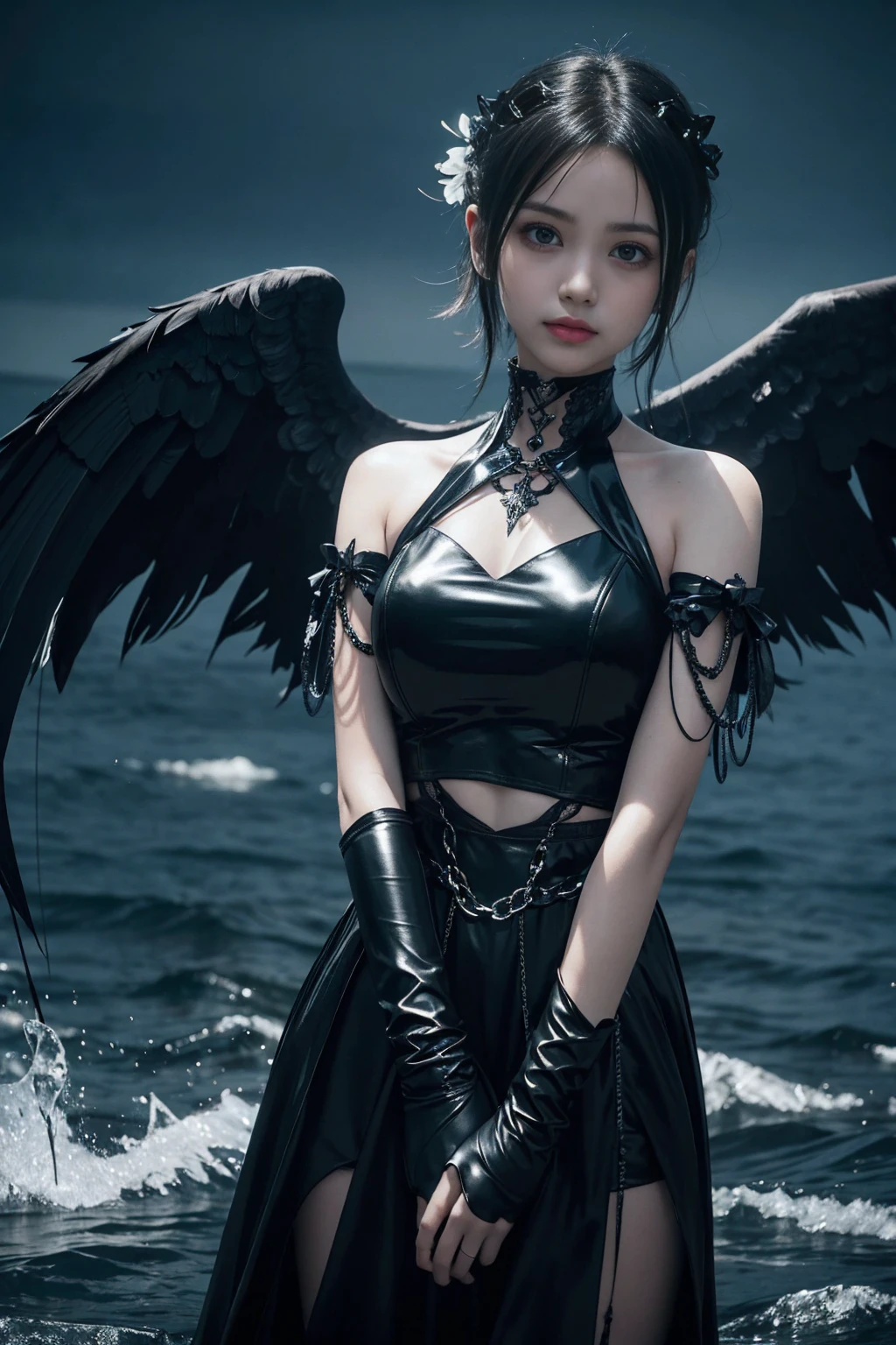 High resolution, high quality, level S completion, goth punk angel, floating, black shiny wings, glowing halo, night, water, most beautiful, blockbuster.