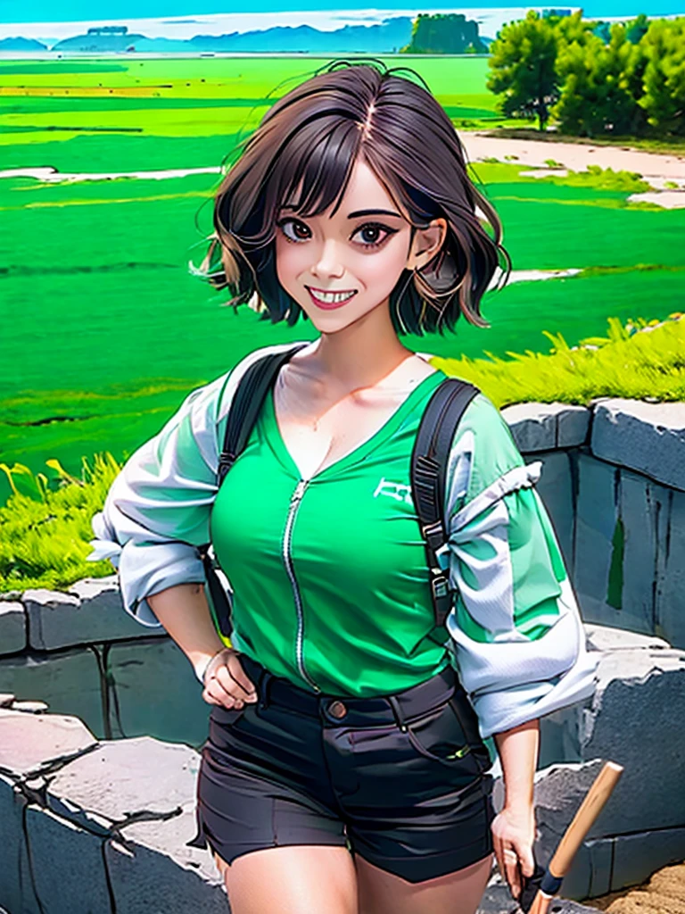 Canyon Ruins Taiju Pickaxe Explorer Explorer's Clothes Hair Green Adult Woman Short Hair Ruins Big Lake Absurdity Big Sky Expansive Nature