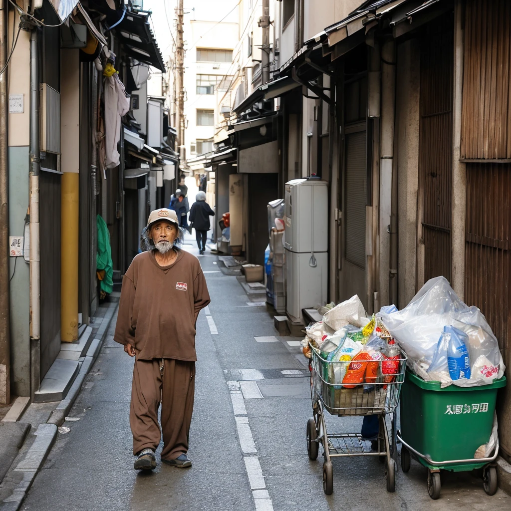 A Japanese homeless man in his 60s、Collecting recyclables from a trash bin in a busy back alley in Tokyo。He was wearing worn and dirty Japanese-style clothing.、A large cloth bag on his shoulder、Pushing a rusty shopping cart。The cart is full of cans and plastic bottles.。The man's face is marked with weathered wrinkles.、Have a tired look。Vending machines in the background、Neon Signs、Densely packed buildings are visible。at dusk、As the natural light fades、There is artificial light mixed in from nearby shops.。CG Real