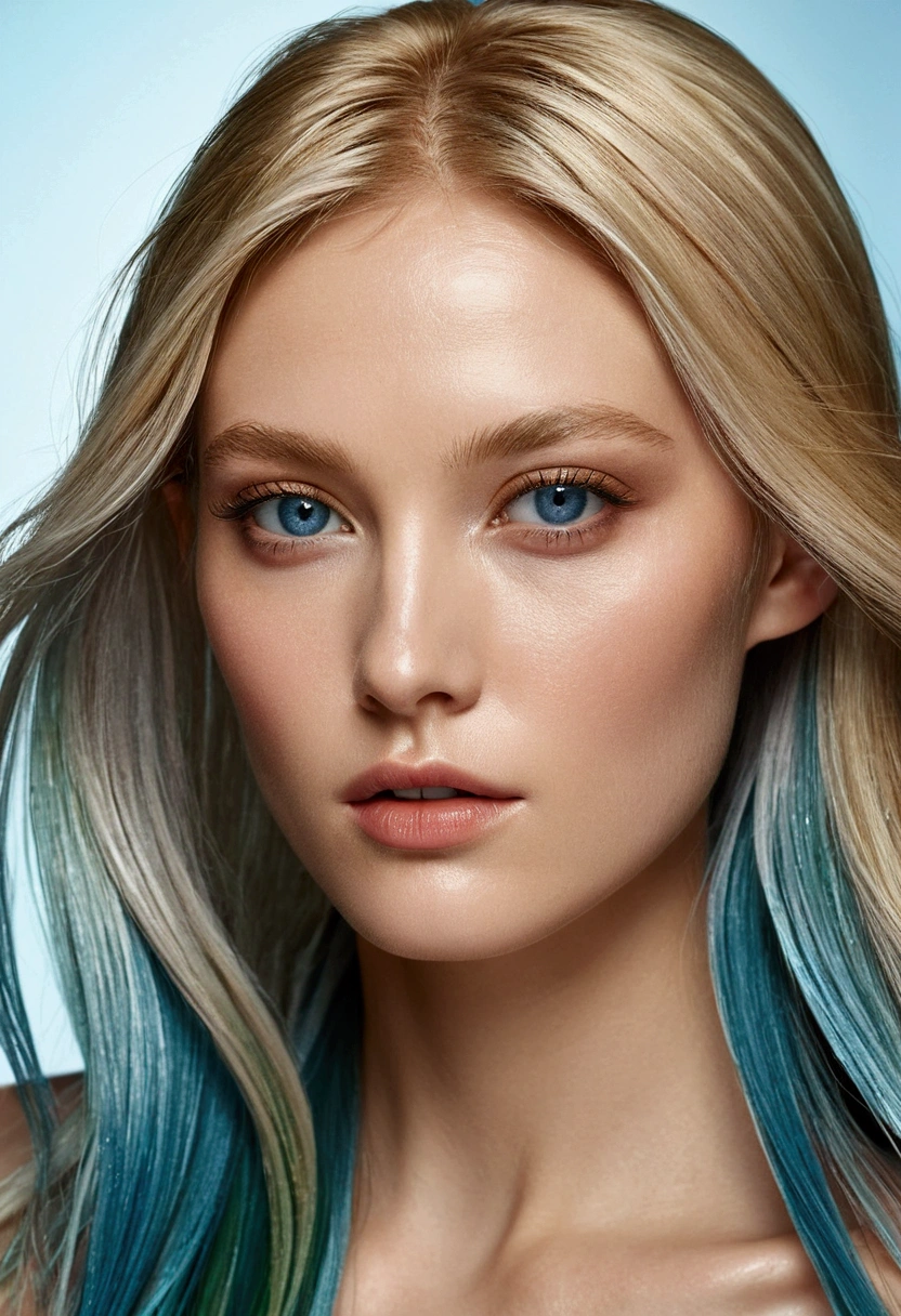 Beautiful supermodel woman with blonde hair, a strand of hair with a slight highlight, grey-blue eyes, mixed medium, paint does not dry, jewel beetle, coloured background, liquid color flowing on your face, photographed by Jingna Chang. --at 6