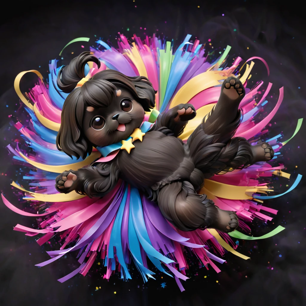 Ultra-small deformation,pop art, (from above), A black Shih Tzu puppy is curling up in the air, cloud back ground, surrounded colorful ribbons and particles shaped star, falling through the air, lie on back spreading arms and legs wide, close up happily expression toward the viewer, smoke screen, speed line, Dynamic Motion Blur, Dynamic action scenes