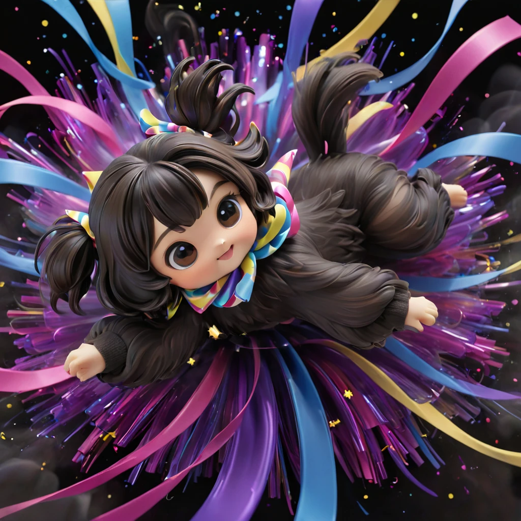 Ultra-small deformation,pop art, (from above), A black Shih Tzu puppy is curling up in the air, cloud back ground, surrounded colorful ribbons and particles shaped star, falling through the air, lie on back spreading arms and legs wide, close up happily expression toward the viewer, smoke screen, speed line, Dynamic Motion Blur, Dynamic action scenes