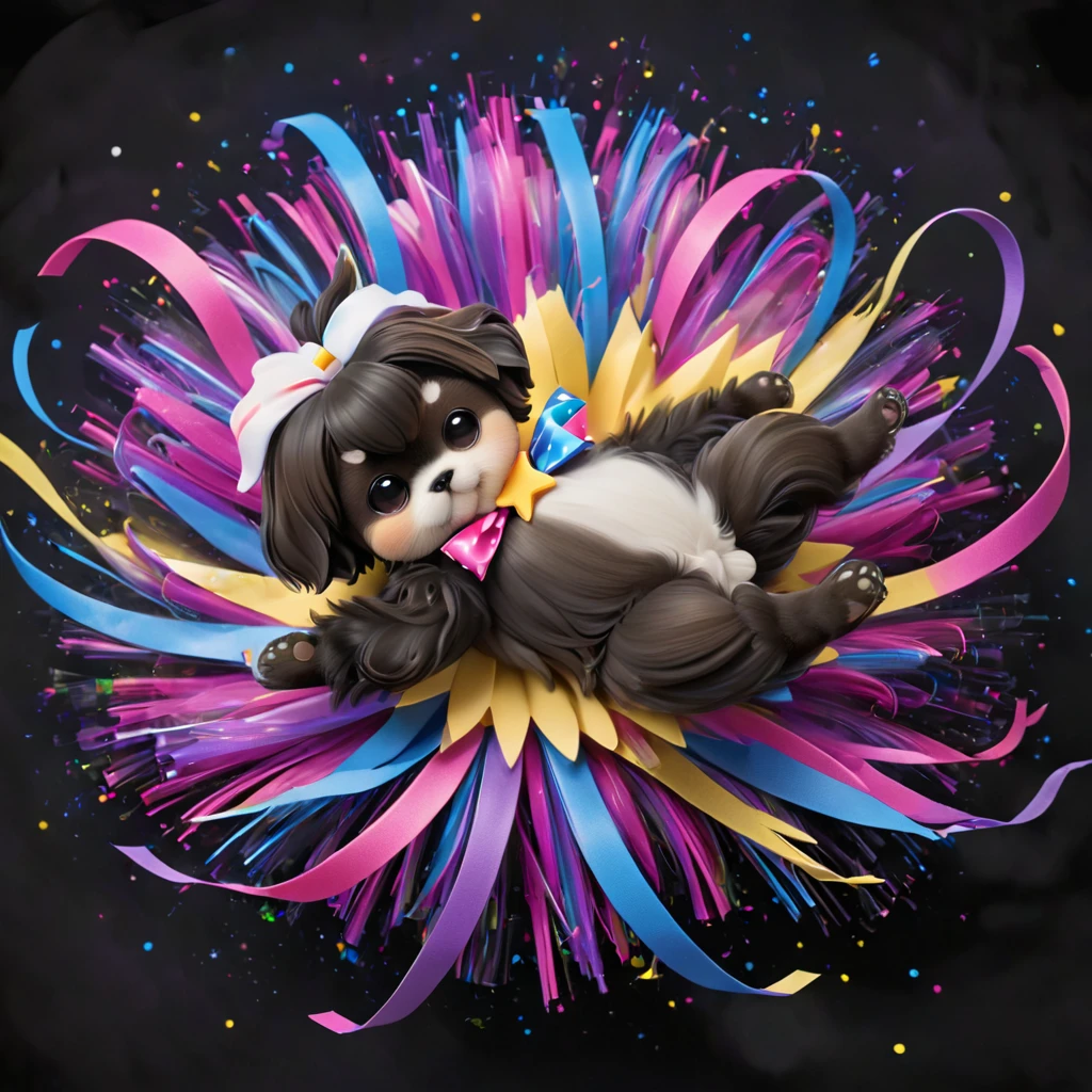 Ultra-small deformation,pop art, (from above), A black Shih Tzu puppy is curling up in the air, cloud back ground, surrounded colorful ribbons and particles shaped star, falling through the air, lie on back spreading arms and legs wide, close up happily expression toward the viewer, smoke screen, speed line, Dynamic Motion Blur, Dynamic action scenes