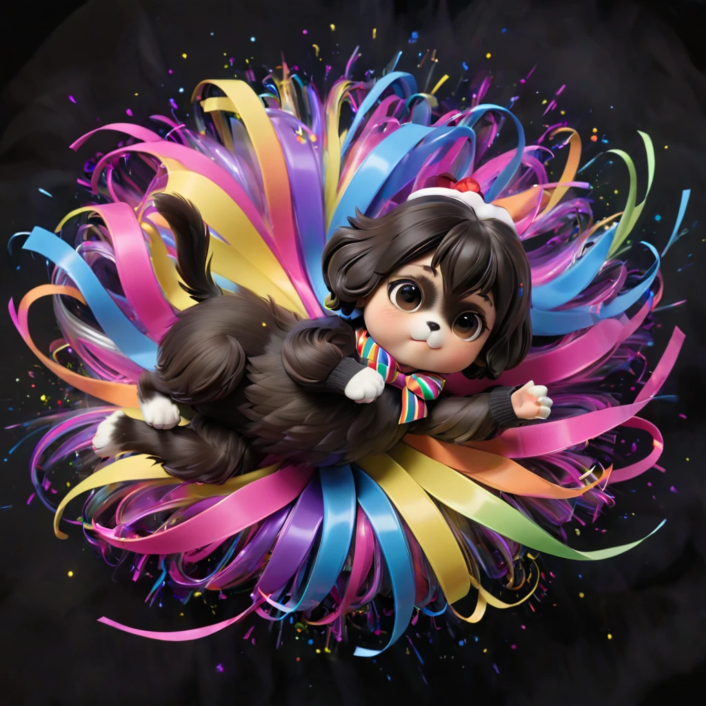 Ultra-small deformation,pop art, (from above), A black Shih Tzu puppy is curling up in the air, cloud back ground, surrounded colorful ribbons and particles shaped star, falling through the air, lie on back spreading arms and legs wide, close up happily expression toward the viewer, smoke screen, speed line, Dynamic Motion Blur, Dynamic action scenes