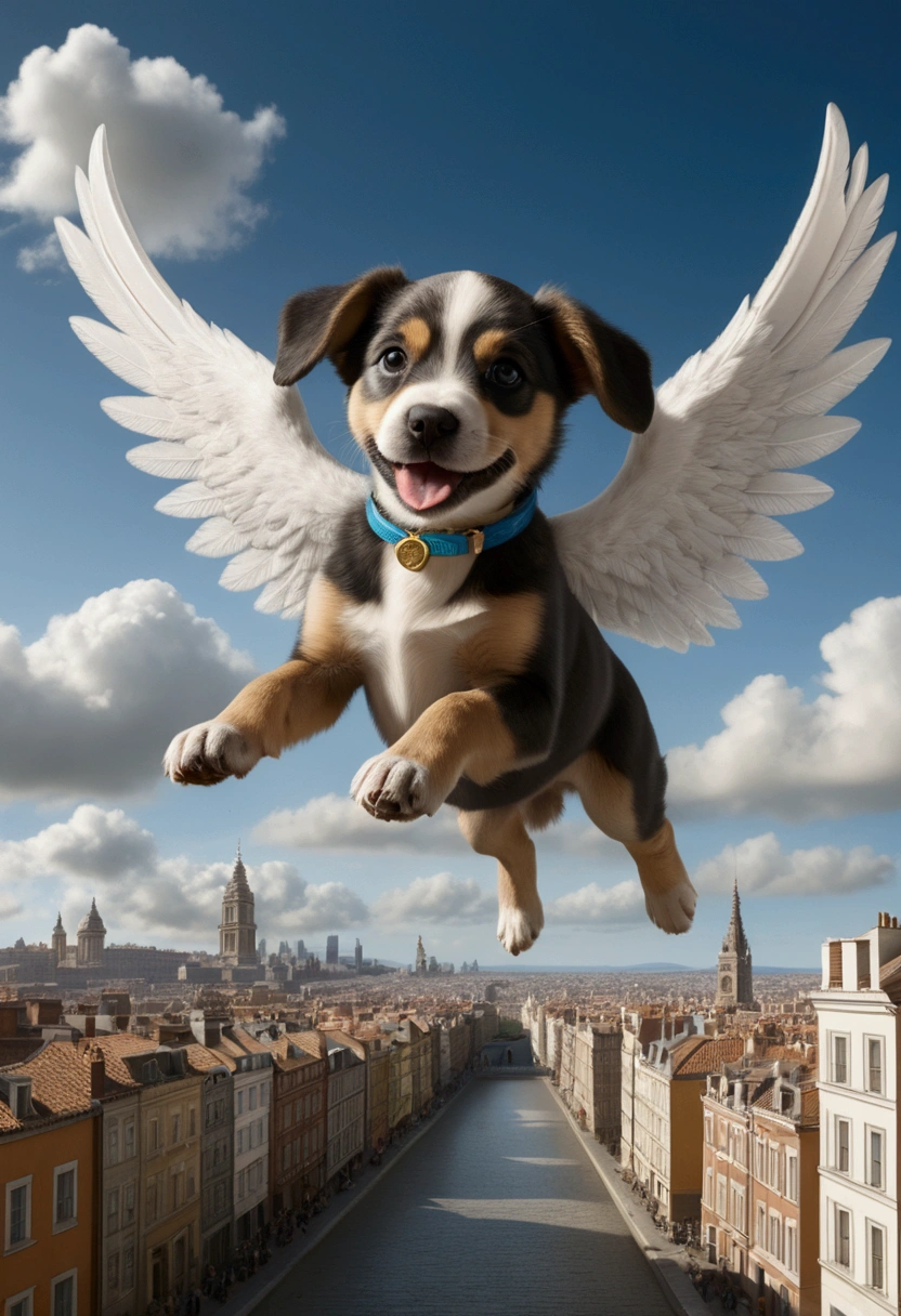 (Flying Puppy), motion blur, carries an important letter, flying in the clouds, towards the legendary city in the sky, its figure is looming in the clouds, full of mystery and mission The background is clouds and the city in the sky, full body, award-winning, cinematic still, emotional, vignette, dynamic, vivid, (masterpiece, best quality, Professional, perfect composition, very aesthetic, absurdres, ultra-detailed, intricate details:1.3)​