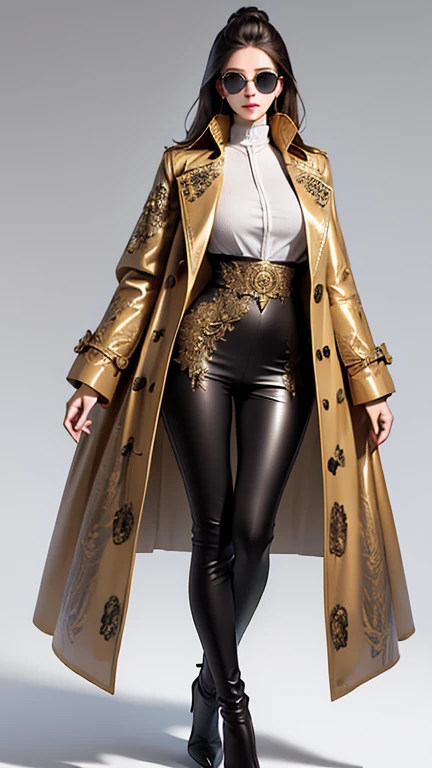 ((best quality,4k,highres,masterpiece:1.2)),((character concept art)), 1 female, age 25, Chinese Hong Kong, Hong Kong Elite, eldest sister, triad female leader, Known for her impeccable fashion sense and elegant demeanor, she is a true embodiment of the Versace brand. Her body language is as captivating as her style, always exuding confidence and high fashion. (((She's wearing an exquisite Versace Barocco-print trench coat in leather with high popped collar and Barocco-print leggings gold-tone/white/black, a true testament to the brand's luxurious aesthetic.))) Paired with Versace Medusa Tribute boots, she carries her ensemble with an air of effortless sophistication. Her accessories include a Versace Medusa Tribute Bag and a pair of Versace Tribute Sunglasses, enhancing her overall look. ((intricate detail)), super finely detailed hands, ultra finely detailed fingers(((ten fingers))), (standing still with confidently), (full body showcase), (show full body), (no logos on background), (no logo), ((plain background)), ((plain background)), (((empty background))). Full body